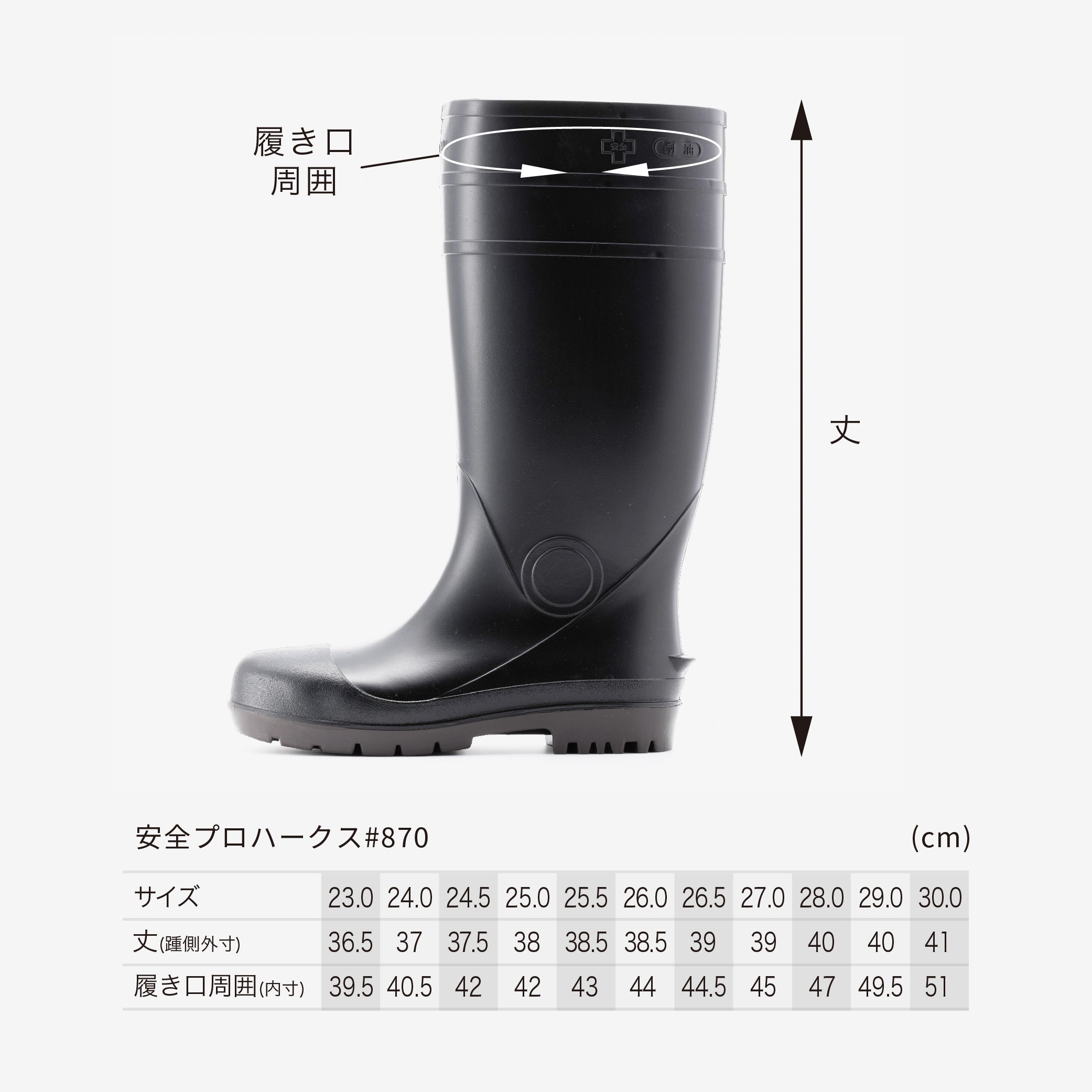 安全プロハークス#870　ブラックのサイズ表